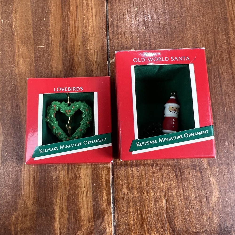 1989 Hallmark Keepsake Miniature Ornaments Lovebirds Old-World Santa Lot of 2